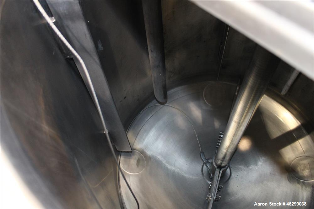 Used Tank, Approximately 80 Gallons, 304 Stainless Steel, Vertical. 30" Diameter x 28" straight side. Bolt-on flat top with 1/3 hinged cover, dished bottom. Top entering agitator, with 2" diameter sh...
