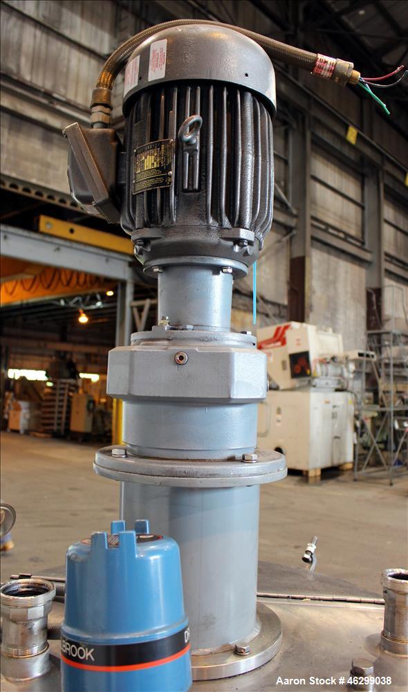 Used Tank, Approximately 80 Gallons, 304 Stainless Steel, Vertical. 30" Diameter x 28" straight side. Bolt-on flat top with 1/3 hinged cover, dished bottom. Top entering agitator, with 2" diameter sh...