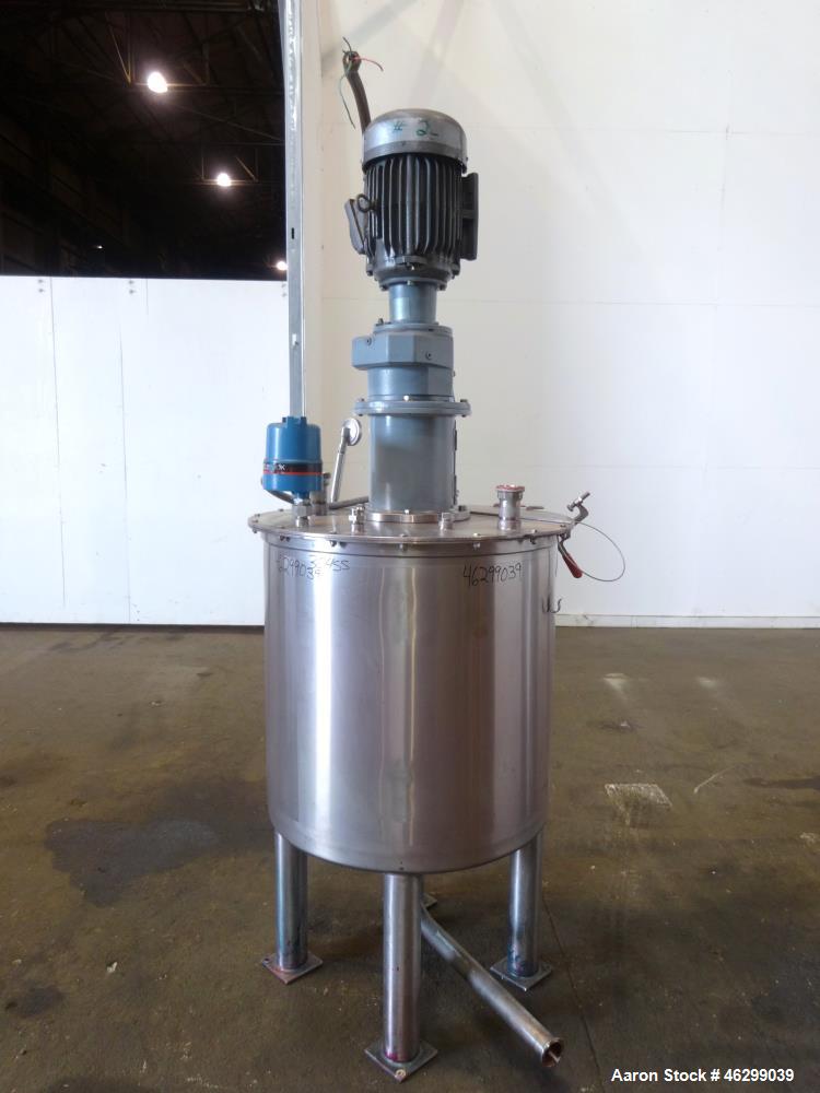 Used Tank, Approximately 80 Gallons, 304 Stainless Steel, Vertical. 30" Diameter x 28" straight side. Bolt-on flat top with 1/3 hinged cover, dished bottom. Top entering agitator, with 2" diameter sh...