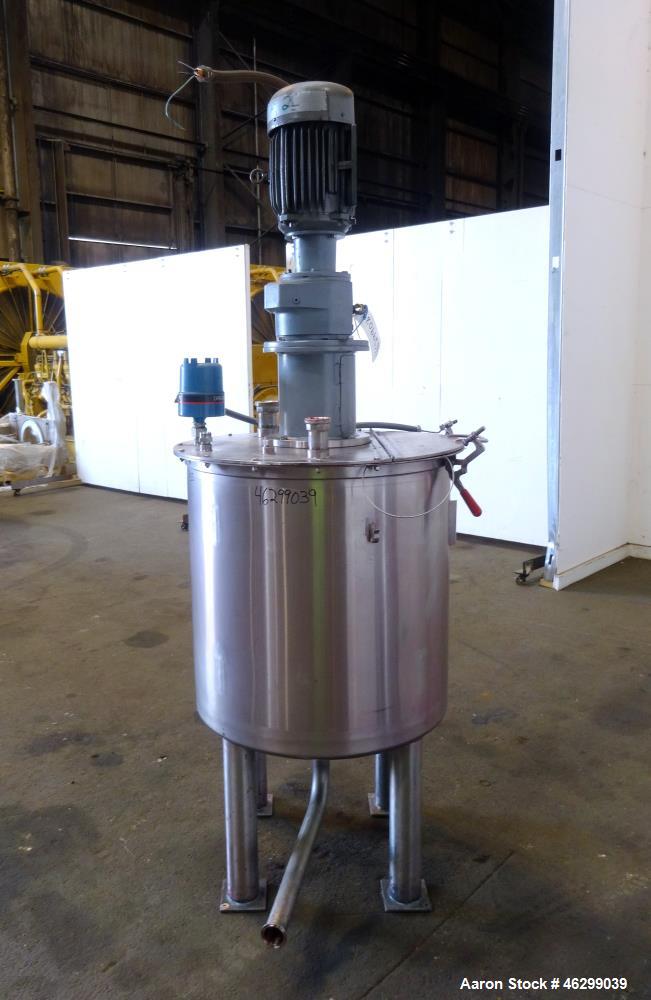 Used Tank, Approximately 80 Gallons, 304 Stainless Steel, Vertical. 30" Diameter x 28" straight side. Bolt-on flat top with 1/3 hinged cover, dished bottom. Top entering agitator, with 2" diameter sh...