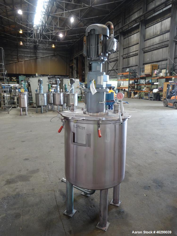 Used Tank, Approximately 80 Gallons, 304 Stainless Steel, Vertical. 30" Diameter x 28" straight side. Bolt-on flat top with 1/3 hinged cover, dished bottom. Top entering agitator, with 2" diameter sh...