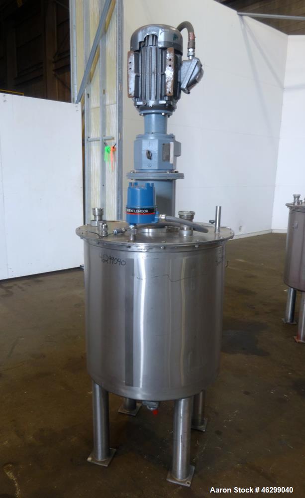 Used Tank, Approximately 80 Gallons, 304 Stainless Steel, Vertical. 30" Diameter x 28" straight side. Bolt-on flat top with 1/3 hinged cover, dished bottom. Top entering agitator, with 2" diameter sh...