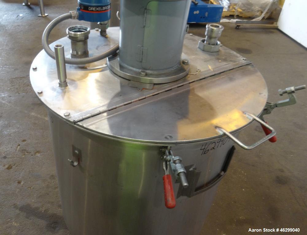 Used Tank, Approximately 80 Gallons, 304 Stainless Steel, Vertical. 30" Diameter x 28" straight side. Bolt-on flat top with 1/3 hinged cover, dished bottom. Top entering agitator, with 2" diameter sh...