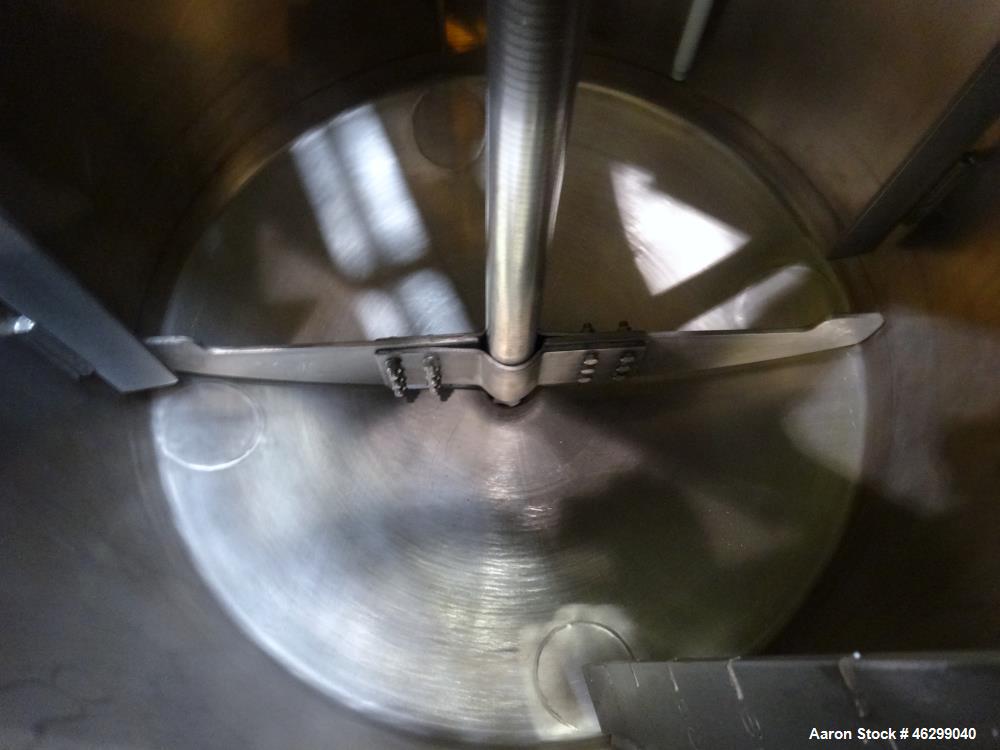 Used Tank, Approximately 80 Gallons, 304 Stainless Steel, Vertical. 30" Diameter x 28" straight side. Bolt-on flat top with 1/3 hinged cover, dished bottom. Top entering agitator, with 2" diameter sh...