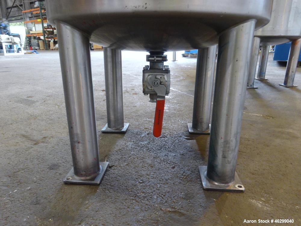 Used Tank, Approximately 80 Gallons, 304 Stainless Steel, Vertical. 30" Diameter x 28" straight side. Bolt-on flat top with 1/3 hinged cover, dished bottom. Top entering agitator, with 2" diameter sh...