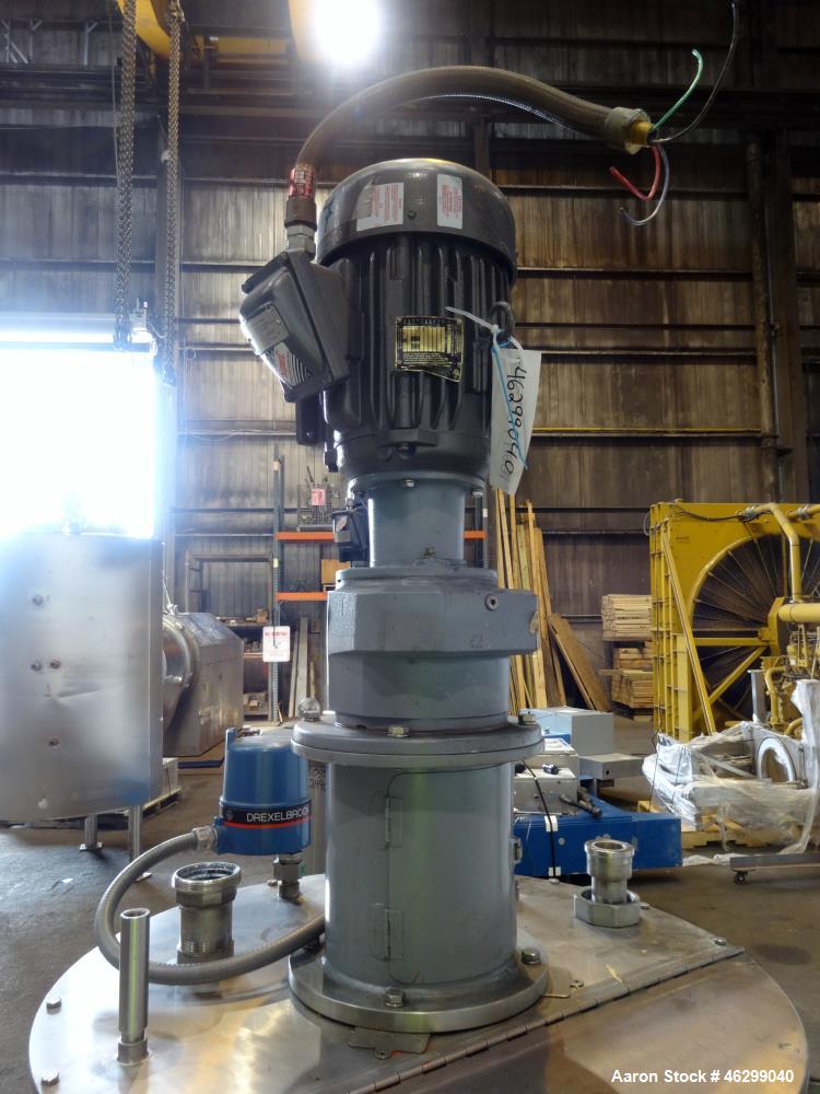 Used Tank, Approximately 80 Gallons, 304 Stainless Steel, Vertical. 30" Diameter x 28" straight side. Bolt-on flat top with 1/3 hinged cover, dished bottom. Top entering agitator, with 2" diameter sh...