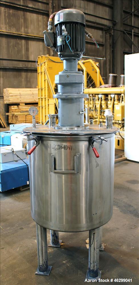 Used Tank, Approximately 80 Gallons, 304 Stainless Steel, Vertical. 30" Diameter x 28" straight side. Bolt-on flat top with 1/3 hinged cover, dished bottom. Top entering agitator, with 2" diameter sh...