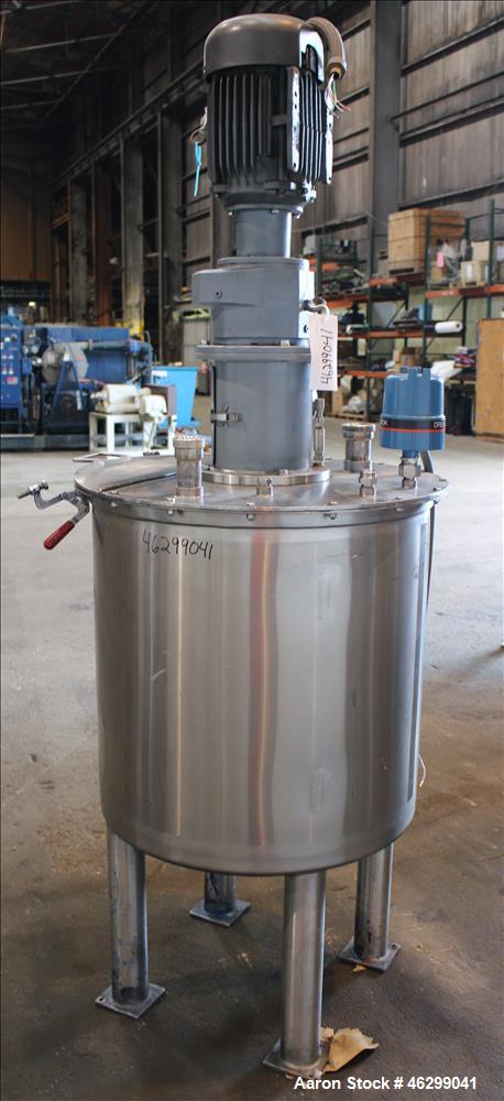 Used Tank, Approximately 80 Gallons, 304 Stainless Steel, Vertical. 30" Diameter x 28" straight side. Bolt-on flat top with 1/3 hinged cover, dished bottom. Top entering agitator, with 2" diameter sh...