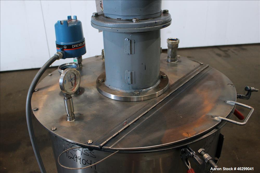 Used Tank, Approximately 80 Gallons, 304 Stainless Steel, Vertical. 30" Diameter x 28" straight side. Bolt-on flat top with 1/3 hinged cover, dished bottom. Top entering agitator, with 2" diameter sh...