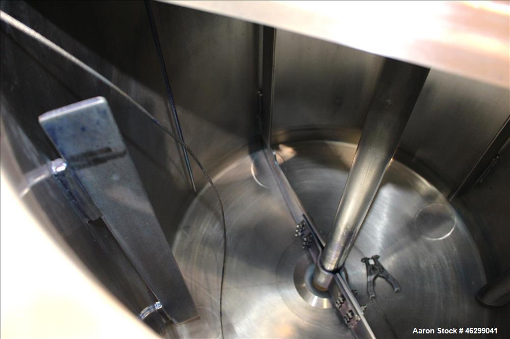 Used Tank, Approximately 80 Gallons, 304 Stainless Steel, Vertical. 30" Diameter x 28" straight side. Bolt-on flat top with 1/3 hinged cover, dished bottom. Top entering agitator, with 2" diameter sh...