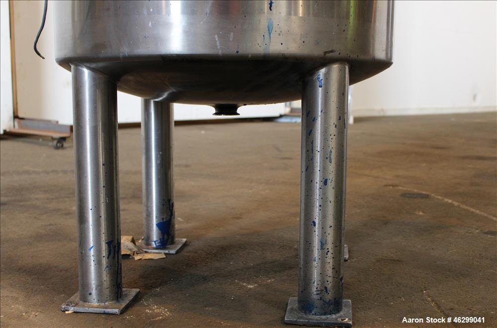 Used Tank, Approximately 80 Gallons, 304 Stainless Steel, Vertical. 30" Diameter x 28" straight side. Bolt-on flat top with 1/3 hinged cover, dished bottom. Top entering agitator, with 2" diameter sh...