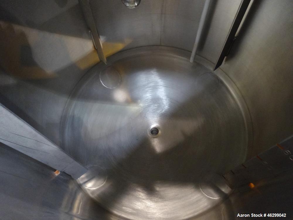 Used Tank, Approximately 80 Gallons, 304 Stainless Steel, Vertical. 30" Diameter x 28" straight side. Bolt-on flat top with 1/3 hinged cover, dished bottom. (4) Sidewall baffles. 1-1/2" Tri-clamp cen...