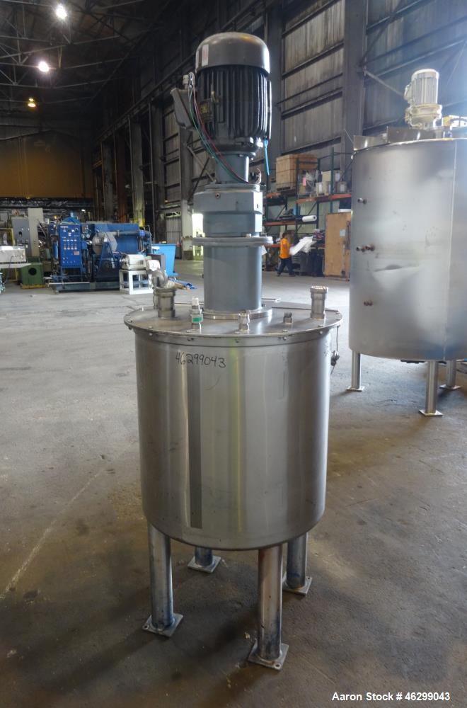 Used Tank, Approximately 80 Gallons, 304 Stainless Steel, Vertical. 30" Diameter x 28" straight side. Bolt-on flat top with 1/3 hinged cover, dished bottom. Top entering agitator, with 2" diameter sh...