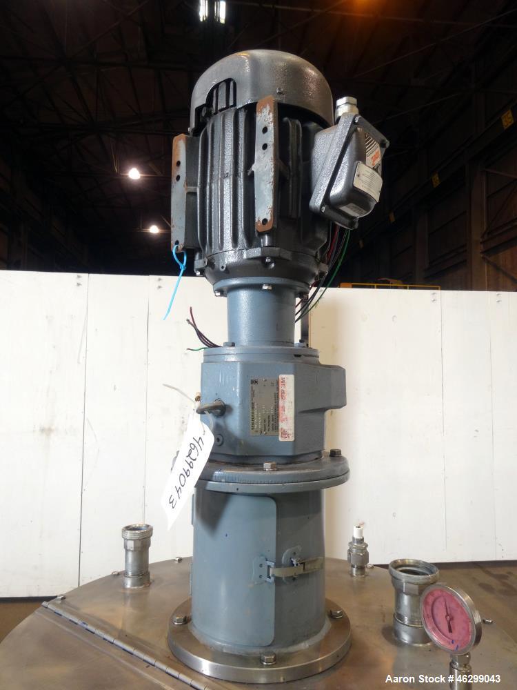 Used Tank, Approximately 80 Gallons, 304 Stainless Steel, Vertical. 30" Diameter x 28" straight side. Bolt-on flat top with 1/3 hinged cover, dished bottom. Top entering agitator, with 2" diameter sh...