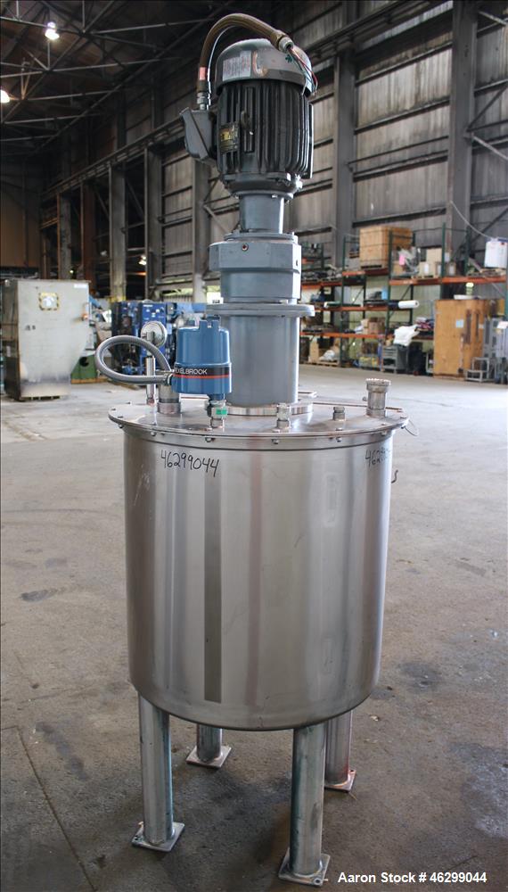 Used Tank, Approximately 80 Gallons, 304 Stainless Steel, Vertical. 30" Diameter x 28" straight side. Bolt-on flat top with 1/3 hinged cover, dished bottom. Top entering agitator, with 2" diameter sh...