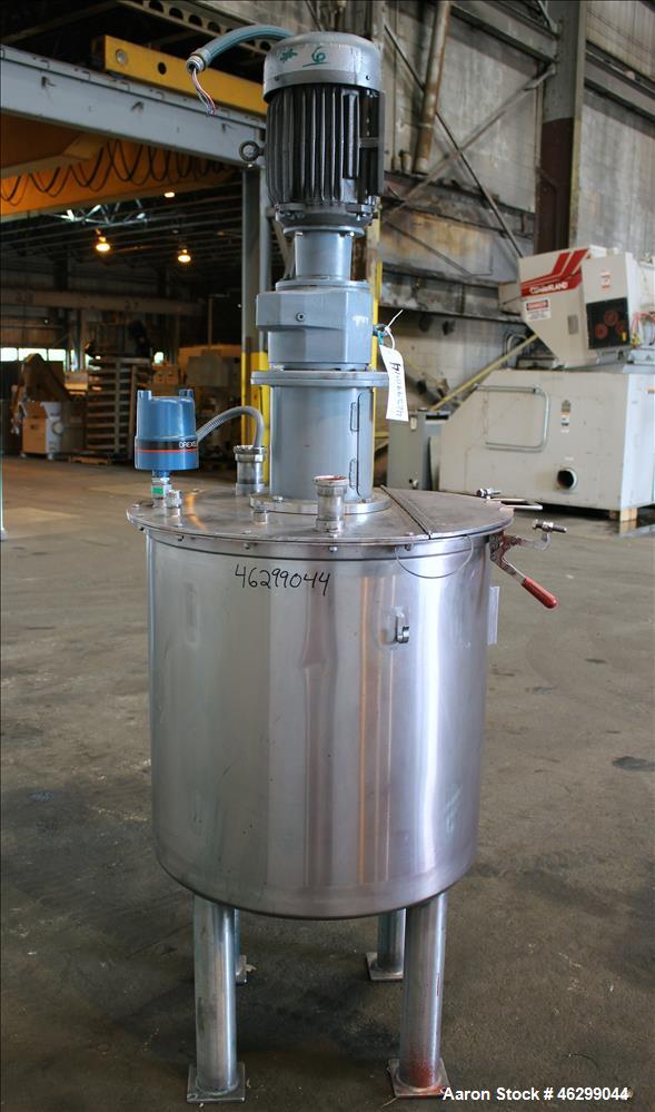 Used Tank, Approximately 80 Gallons, 304 Stainless Steel, Vertical. 30" Diameter x 28" straight side. Bolt-on flat top with 1/3 hinged cover, dished bottom. Top entering agitator, with 2" diameter sh...
