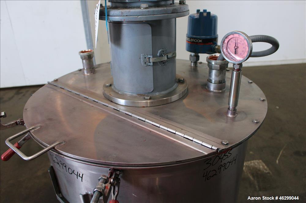 Used Tank, Approximately 80 Gallons, 304 Stainless Steel, Vertical. 30" Diameter x 28" straight side. Bolt-on flat top with 1/3 hinged cover, dished bottom. Top entering agitator, with 2" diameter sh...