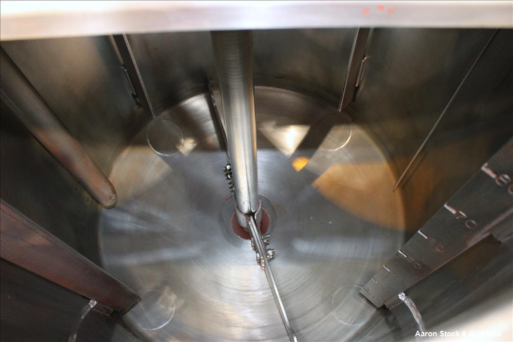 Used Tank, Approximately 80 Gallons, 304 Stainless Steel, Vertical. 30" Diameter x 28" straight side. Bolt-on flat top with 1/3 hinged cover, dished bottom. Top entering agitator, with 2" diameter sh...