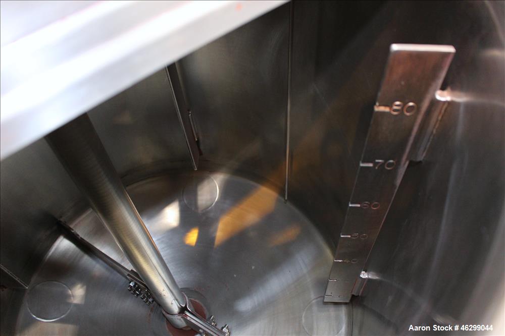 Used Tank, Approximately 80 Gallons, 304 Stainless Steel, Vertical. 30" Diameter x 28" straight side. Bolt-on flat top with 1/3 hinged cover, dished bottom. Top entering agitator, with 2" diameter sh...