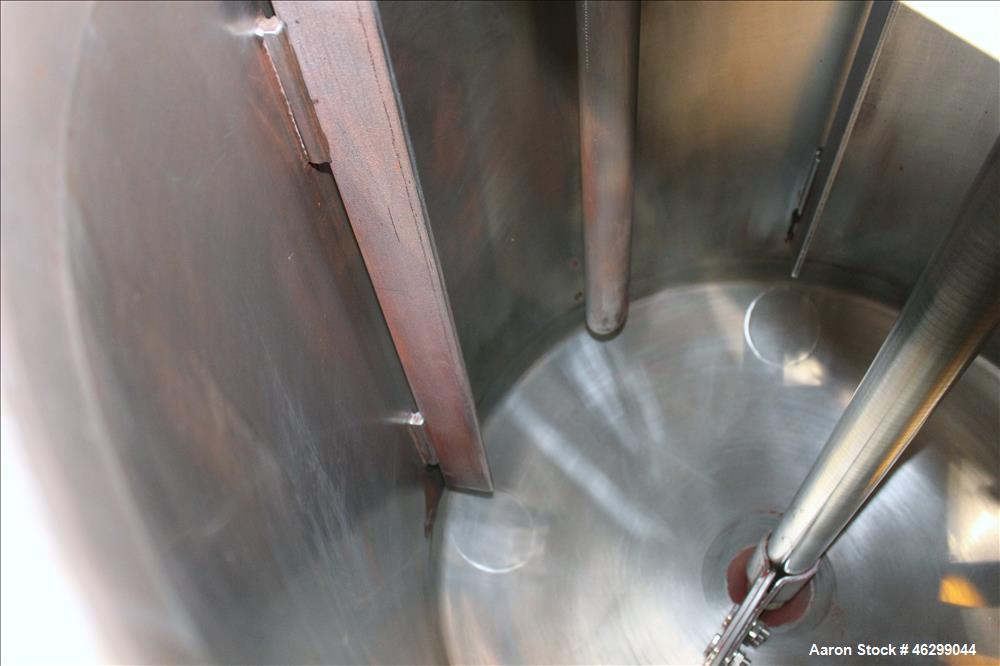Used Tank, Approximately 80 Gallons, 304 Stainless Steel, Vertical. 30" Diameter x 28" straight side. Bolt-on flat top with 1/3 hinged cover, dished bottom. Top entering agitator, with 2" diameter sh...