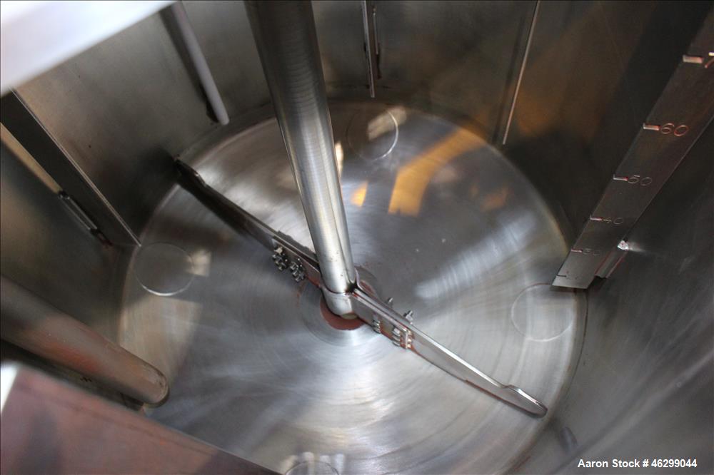 Used Tank, Approximately 80 Gallons, 304 Stainless Steel, Vertical. 30" Diameter x 28" straight side. Bolt-on flat top with 1/3 hinged cover, dished bottom. Top entering agitator, with 2" diameter sh...