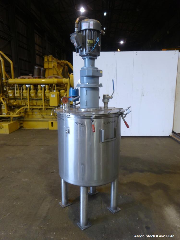 Used Tank, Approximately 80 Gallons, 304 Stainless Steel, Vertical. 30" Diameter x 28" straight side. Bolt-on flat top with 1/3 hinged cover, dished bottom. Top entering agitator, with 2" diameter sh...