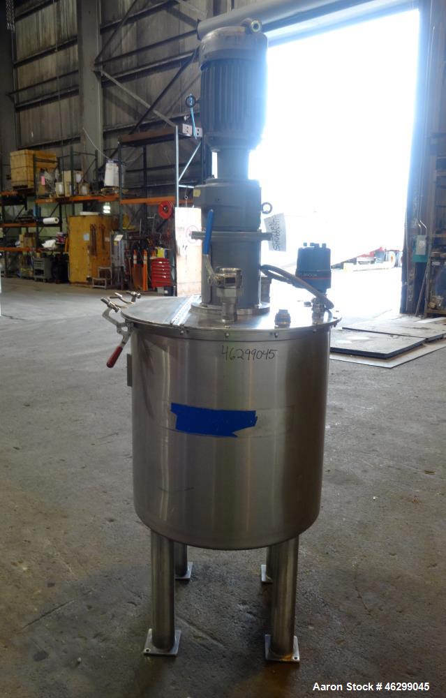 Used Tank, Approximately 80 Gallons, 304 Stainless Steel, Vertical. 30" Diameter x 28" straight side. Bolt-on flat top with 1/3 hinged cover, dished bottom. Top entering agitator, with 2" diameter sh...