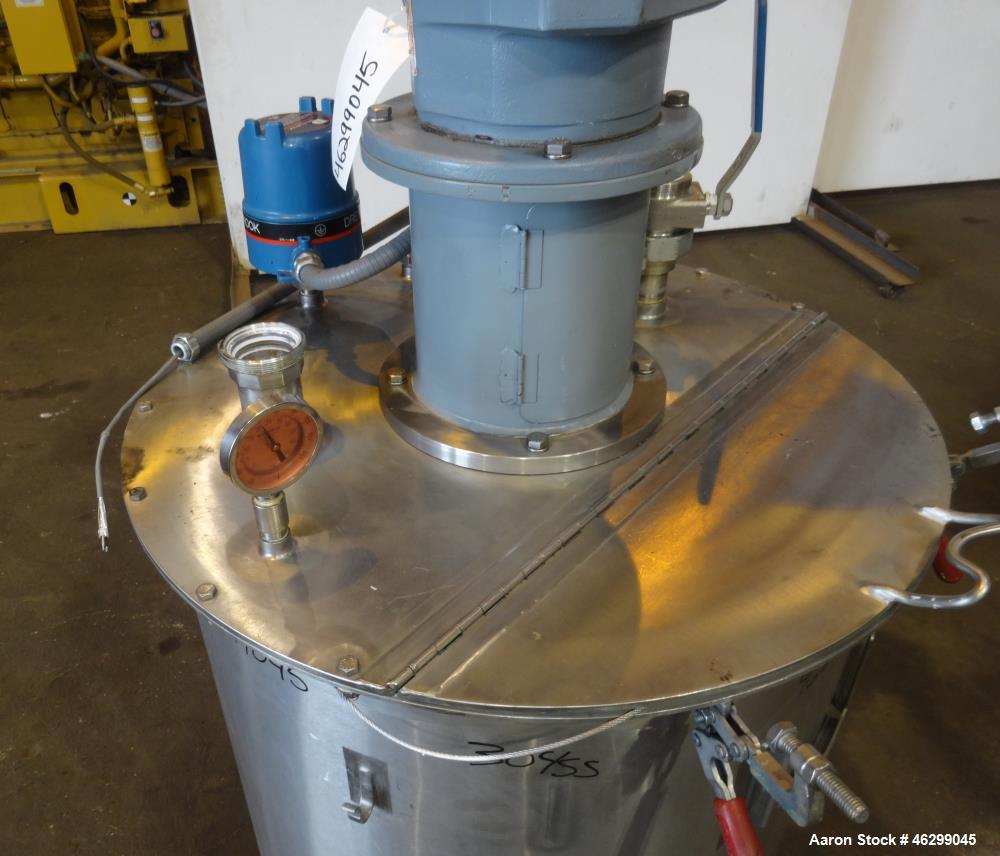 Used Tank, Approximately 80 Gallons, 304 Stainless Steel, Vertical. 30" Diameter x 28" straight side. Bolt-on flat top with 1/3 hinged cover, dished bottom. Top entering agitator, with 2" diameter sh...