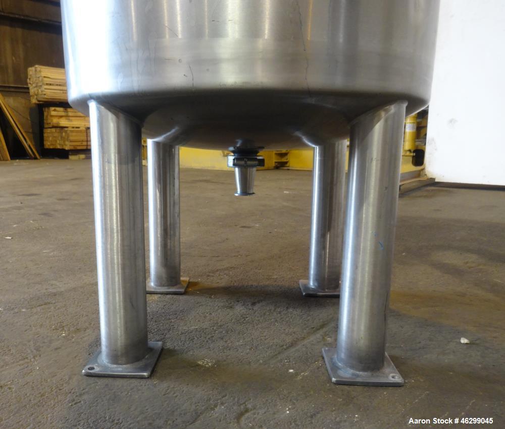 Used Tank, Approximately 80 Gallons, 304 Stainless Steel, Vertical. 30" Diameter x 28" straight side. Bolt-on flat top with 1/3 hinged cover, dished bottom. Top entering agitator, with 2" diameter sh...