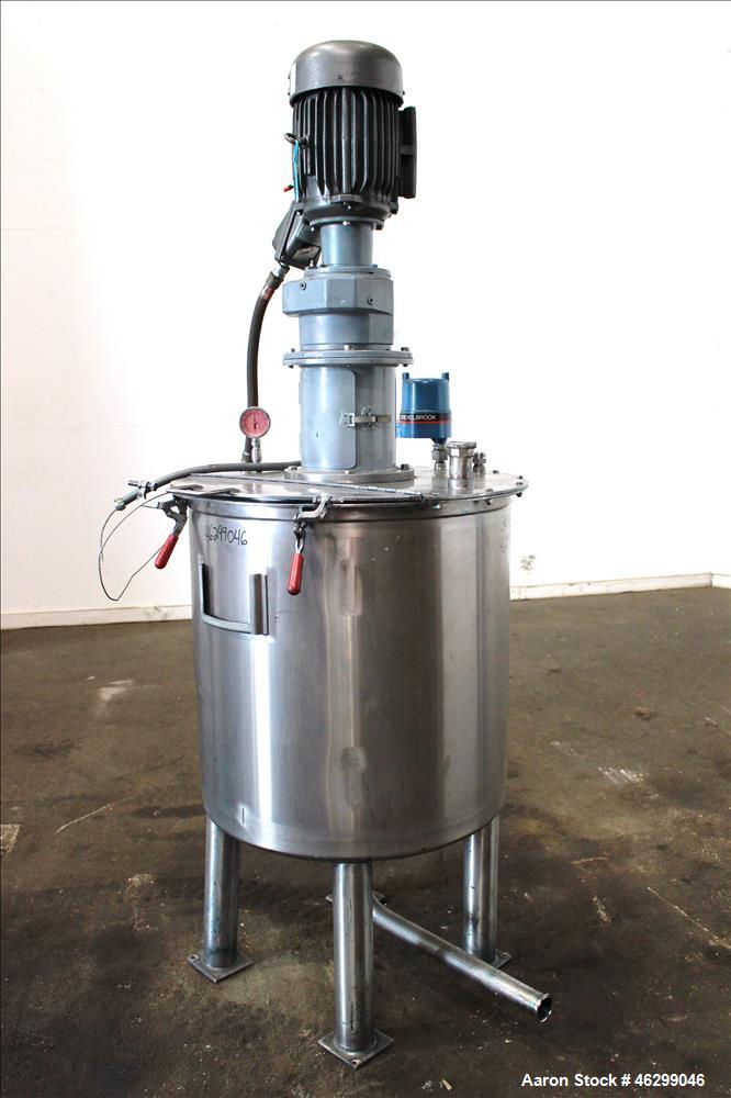 Used Tank, Approximately 80 Gallons, 304 Stainless Steel, Vertical. 30" Diameter x 28" straight side. Bolt-on flat top with 1/3 hinged cover, dished bottom. Top entering agitator, with 2" diameter sh...
