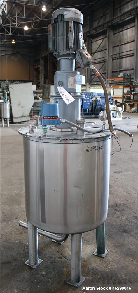 Used Tank, Approximately 80 Gallons, 304 Stainless Steel, Vertical. 30" Diameter x 28" straight side. Bolt-on flat top with 1/3 hinged cover, dished bottom. Top entering agitator, with 2" diameter sh...