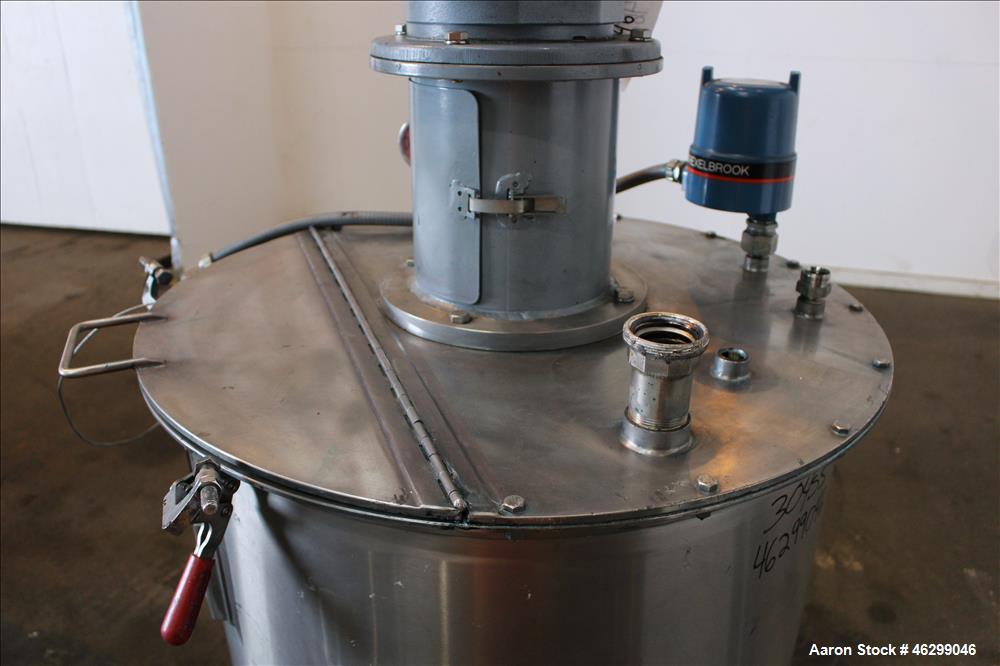 Used Tank, Approximately 80 Gallons, 304 Stainless Steel, Vertical. 30" Diameter x 28" straight side. Bolt-on flat top with 1/3 hinged cover, dished bottom. Top entering agitator, with 2" diameter sh...