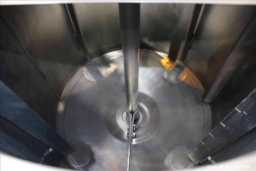 Used Tank, Approximately 80 Gallons, 304 Stainless Steel, Vertical. 30" Diameter x 28" straight side. Bolt-on flat top with 1/3 hinged cover, dished bottom. Top entering agitator, with 2" diameter sh...