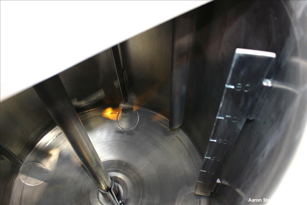 Used Tank, Approximately 80 Gallons, 304 Stainless Steel, Vertical. 30" Diameter x 28" straight side. Bolt-on flat top with 1/3 hinged cover, dished bottom. Top entering agitator, with 2" diameter sh...