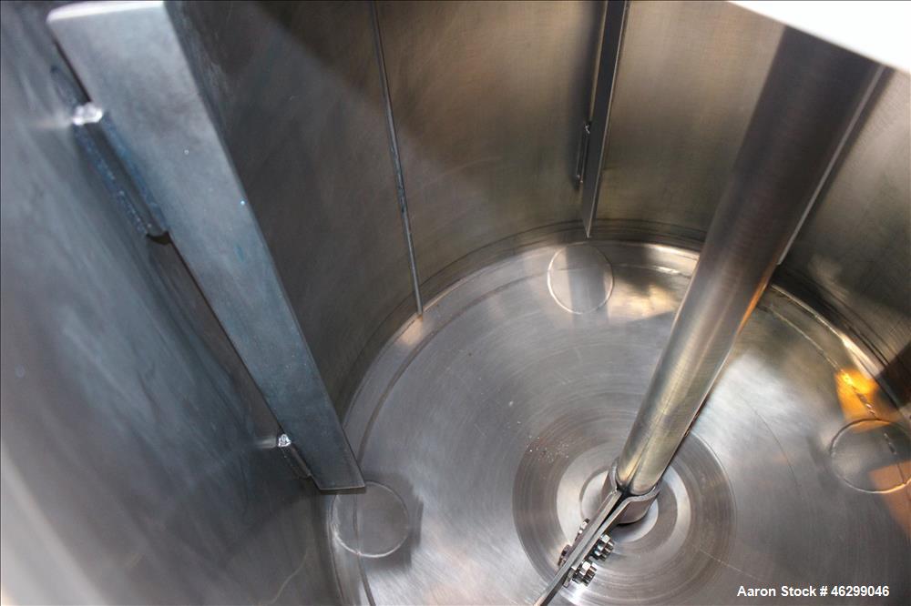 Used Tank, Approximately 80 Gallons, 304 Stainless Steel, Vertical. 30" Diameter x 28" straight side. Bolt-on flat top with 1/3 hinged cover, dished bottom. Top entering agitator, with 2" diameter sh...