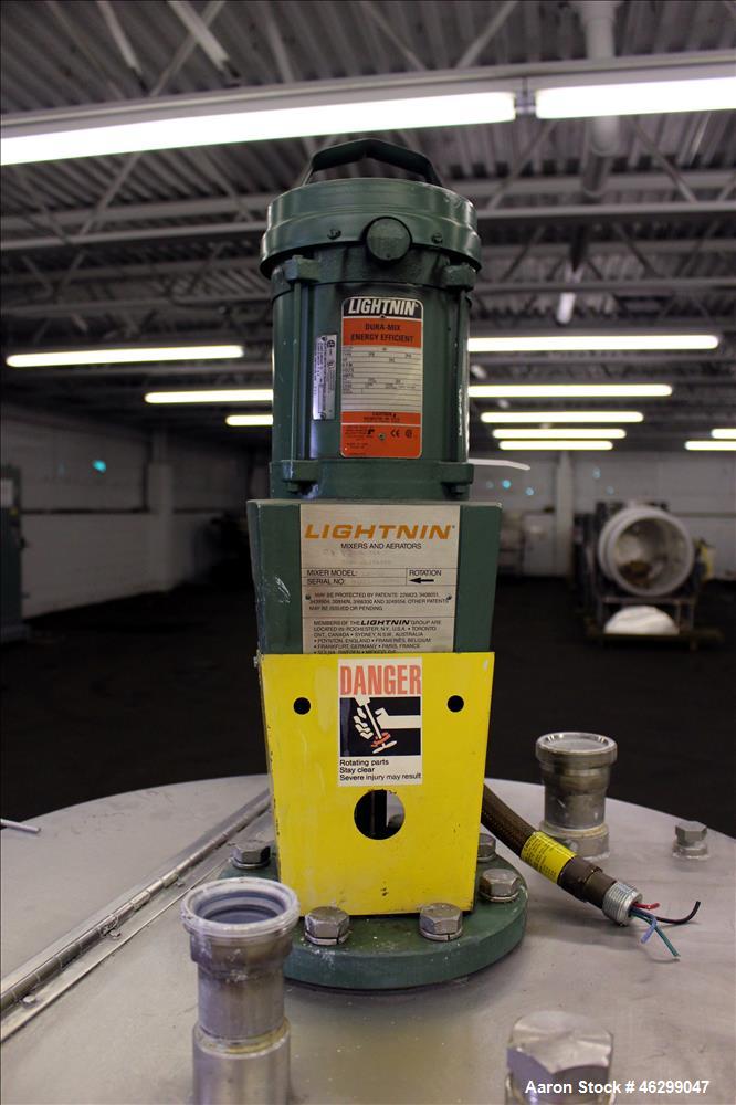 Used Tank, Approximately 80 Gallons, 304 Stainless Steel, Vertical. 30" Diameter x 28" straight side. Bolt on flat top with 1/3 hinged cover, dished bottom. Top entering Lightnin agitator model XJC-3...