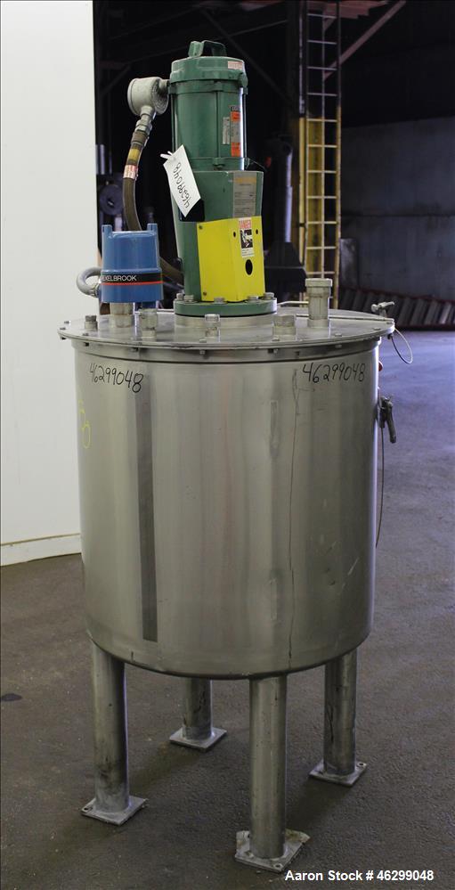 Used Tank, Approximately 80 Gallons, 304 Stainless Steel, Vertical. 30" Diameter x 28" straight side. Bolt-on flat top with 1/3 hinged cover, dished bottom. Top entering Lightnin agitator model XJC-3...
