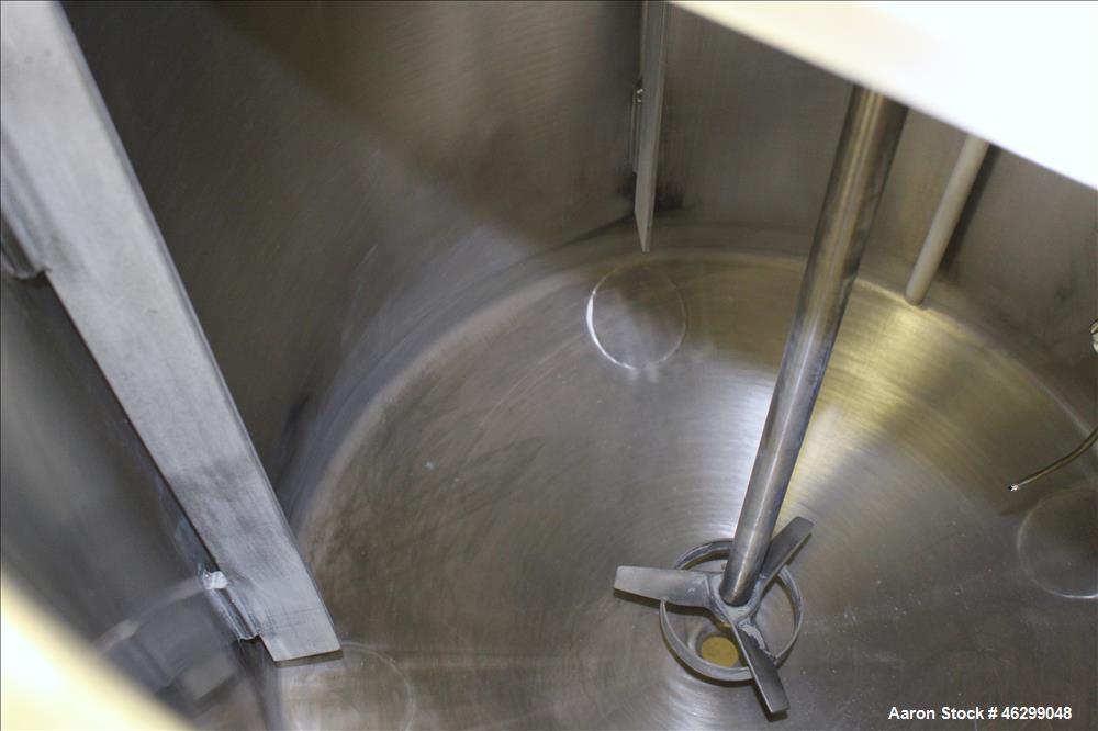 Used Tank, Approximately 80 Gallons, 304 Stainless Steel, Vertical. 30" Diameter x 28" straight side. Bolt-on flat top with 1/3 hinged cover, dished bottom. Top entering Lightnin agitator model XJC-3...