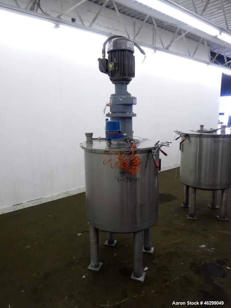 Used Tank, Approximately 80 Gallons, 304 Stainless Steel, Vertical. 30" Diameter x 28" straight side. Bolt-on flat top with 1/3 hinged cover, dished bottom. Top entering agitator, with 2" diameter sh...