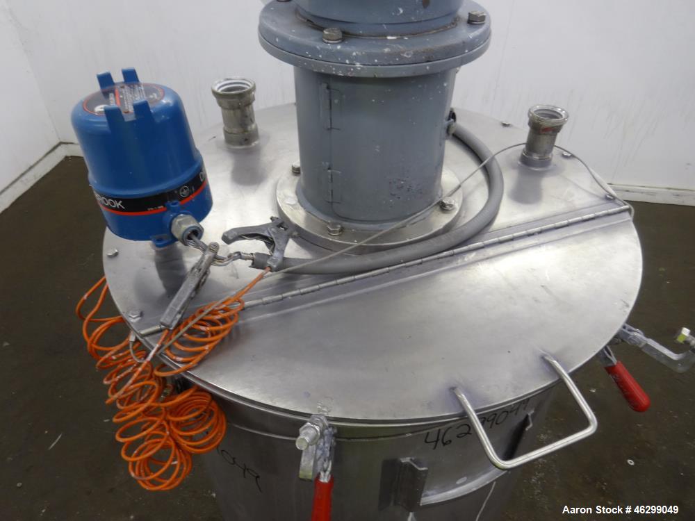 Used Tank, Approximately 80 Gallons, 304 Stainless Steel, Vertical. 30" Diameter x 28" straight side. Bolt-on flat top with 1/3 hinged cover, dished bottom. Top entering agitator, with 2" diameter sh...