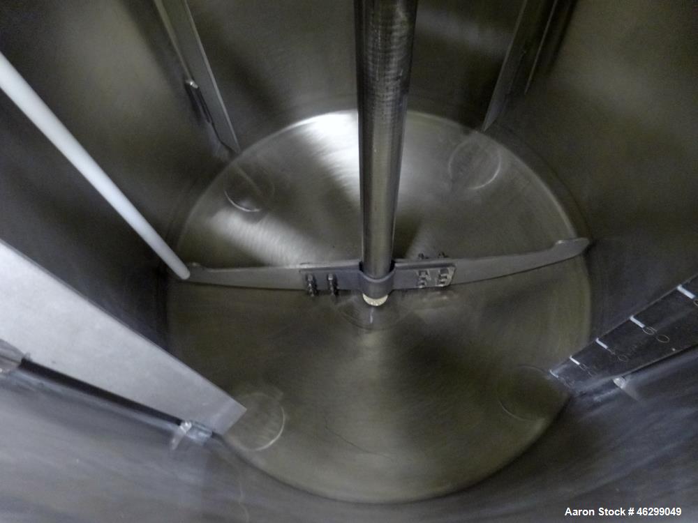 Used Tank, Approximately 80 Gallons, 304 Stainless Steel, Vertical. 30" Diameter x 28" straight side. Bolt-on flat top with 1/3 hinged cover, dished bottom. Top entering agitator, with 2" diameter sh...