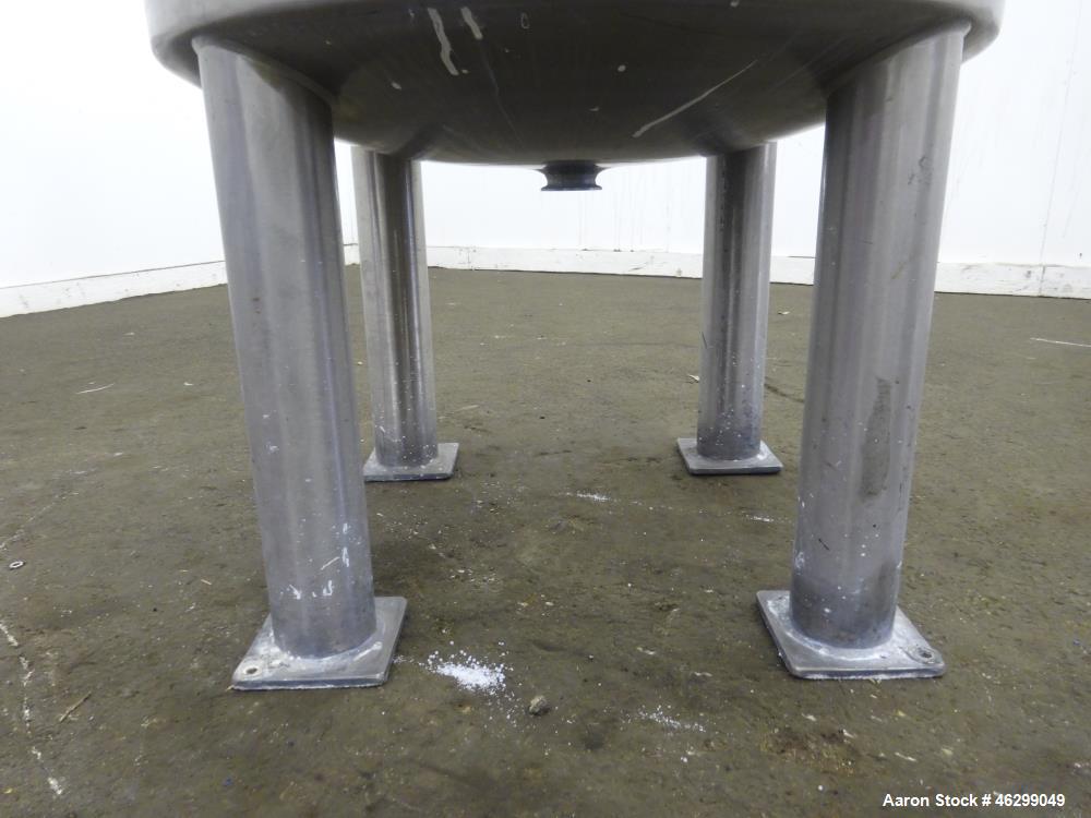 Used Tank, Approximately 80 Gallons, 304 Stainless Steel, Vertical. 30" Diameter x 28" straight side. Bolt-on flat top with 1/3 hinged cover, dished bottom. Top entering agitator, with 2" diameter sh...