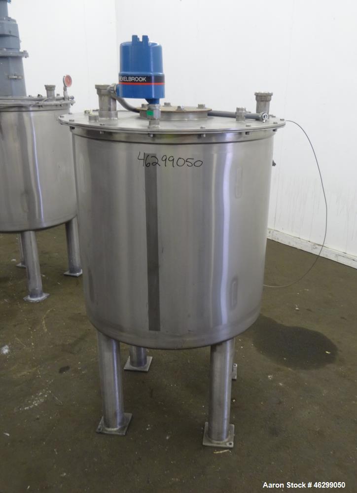 Used Tank, Approximately 80 Gallons, 304 Stainless Steel, Vertical. 30" Diameter x 28" straight side. Bolt-on flat top with 1/3 hinged cover, dished bottom. (4) Sidewall baffles. 1-1/2" Tri-clamp cen...