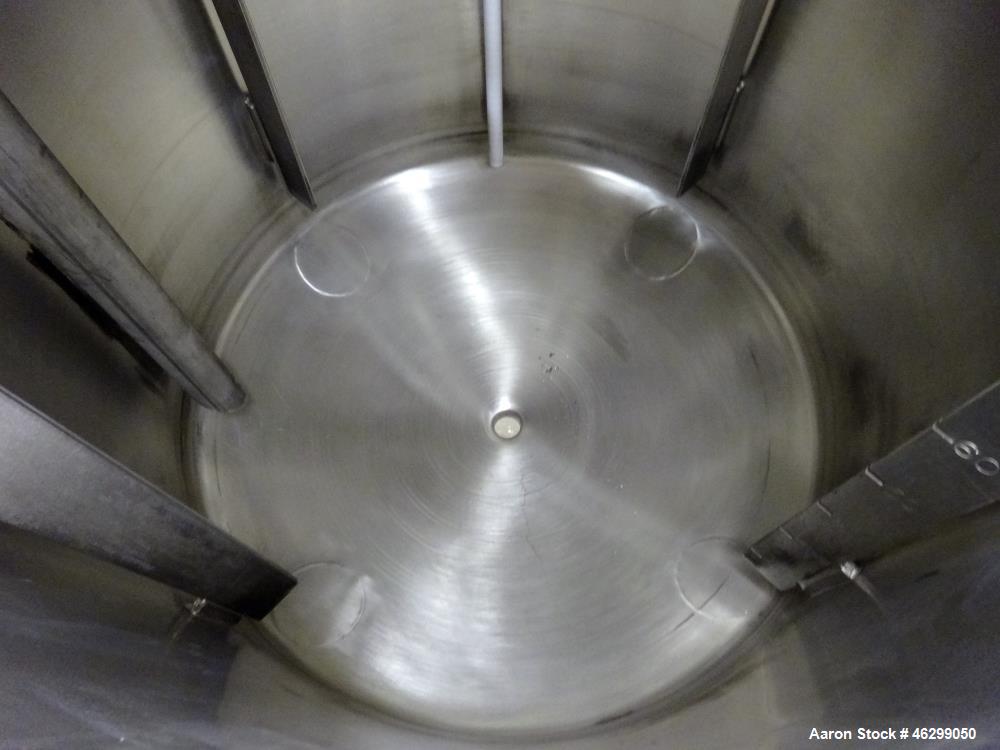Used Tank, Approximately 80 Gallons, 304 Stainless Steel, Vertical. 30" Diameter x 28" straight side. Bolt-on flat top with 1/3 hinged cover, dished bottom. (4) Sidewall baffles. 1-1/2" Tri-clamp cen...