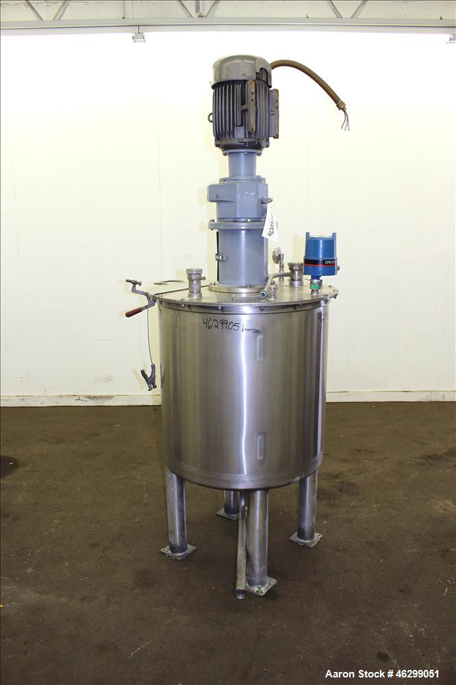 Used Tank, Approximately 80 Gallons, 304 Stainless Steel, Vertical. 30" Diameter x 28" straight side. Bolt-on flat top with 1/3 hinged cover, dished bottom. Top entering agitator, with 2" diameter sh...