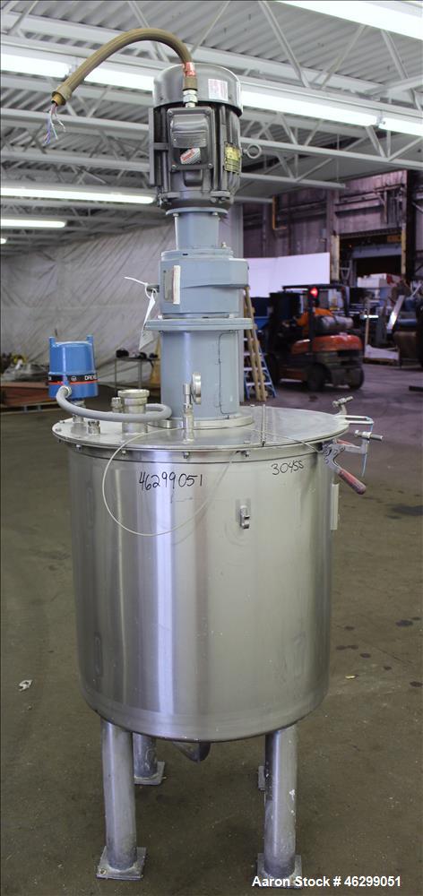 Used Tank, Approximately 80 Gallons, 304 Stainless Steel, Vertical. 30" Diameter x 28" straight side. Bolt-on flat top with 1/3 hinged cover, dished bottom. Top entering agitator, with 2" diameter sh...