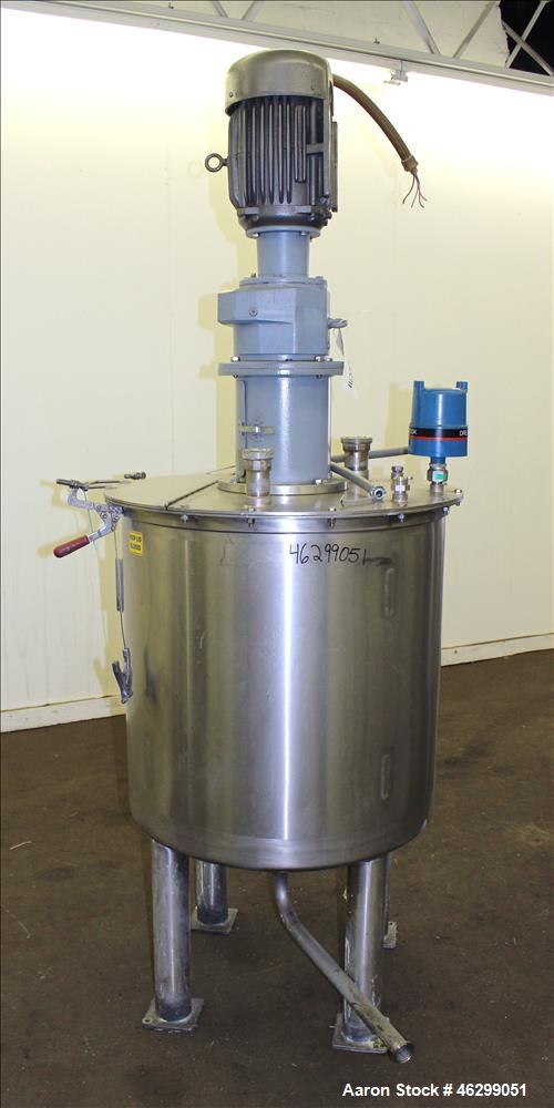 Used Tank, Approximately 80 Gallons, 304 Stainless Steel, Vertical. 30" Diameter x 28" straight side. Bolt-on flat top with 1/3 hinged cover, dished bottom. Top entering agitator, with 2" diameter sh...