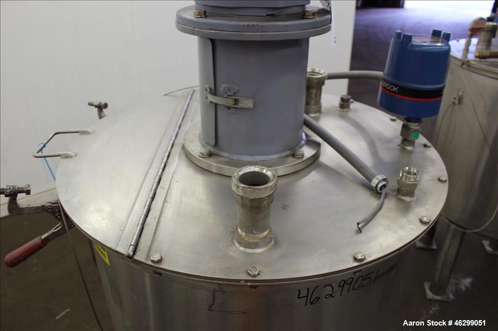 Used Tank, Approximately 80 Gallons, 304 Stainless Steel, Vertical. 30" Diameter x 28" straight side. Bolt-on flat top with 1/3 hinged cover, dished bottom. Top entering agitator, with 2" diameter sh...
