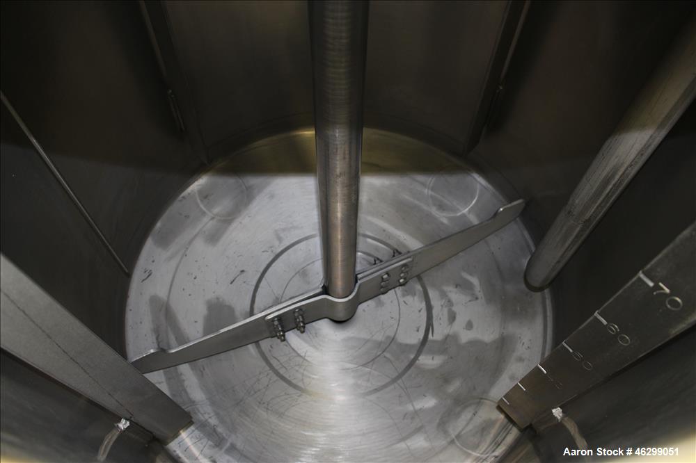 Used Tank, Approximately 80 Gallons, 304 Stainless Steel, Vertical. 30" Diameter x 28" straight side. Bolt-on flat top with 1/3 hinged cover, dished bottom. Top entering agitator, with 2" diameter sh...