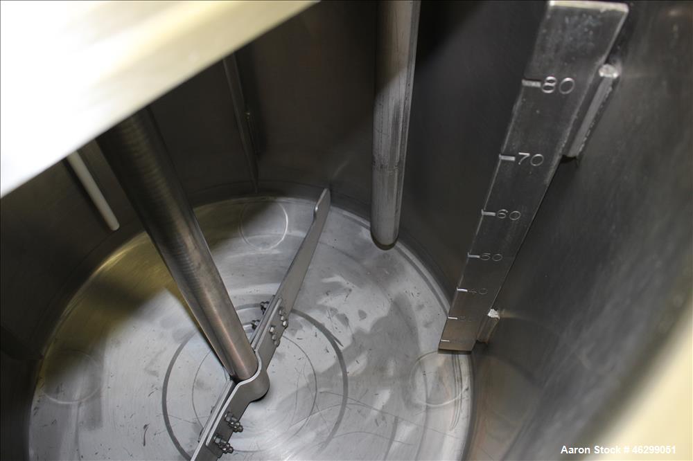 Used Tank, Approximately 80 Gallons, 304 Stainless Steel, Vertical. 30" Diameter x 28" straight side. Bolt-on flat top with 1/3 hinged cover, dished bottom. Top entering agitator, with 2" diameter sh...